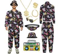AYBUY 80s 90s Vintage Outfit for Men, 9 Pcs Retro Disco Outfit Set, Hip Hop Costume Outfit with Glasses and Jacket Hat for Disco Theme Party, Halloween, Music Festivals, Masquerade, Carnival