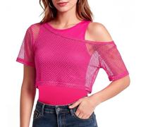 AYBUY 80s Fancy Dress for Women, 1980s Retro Theme Party Costume Include 80s Fancy Fishnet Top and Tank Top Off The Shoulder T-Shirt, Neon Pink Outfit Set for Disco Party Cosplay, L