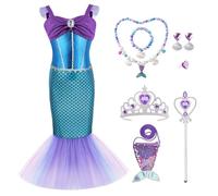 AYBUY Blue Princess Mermaid Dress Set for Girls, Little Mermaid Princess Costume with Crown, Magic Wand, Fishtail Bag, Sequin Outfit for Girl Halloween Cosplay,100CM