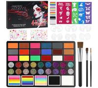 AYBUY Face Body Painting Kit, 20 Colors Washable Face Piant | Body Paint with 3 Rainbow Split Cake, 18 Glitter, 3 Brushes, 2 Gem Stickers,6 Big Stencils and 40 Small Stencils