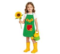 AYBUY Kids Aprons, Adjustable Sunflowers Children's Apron with Pockets, Cartoon Style Child Chef Aprons, Children Kitchen Apron for Painting Baking Artist and Gardening（Style A, Green）