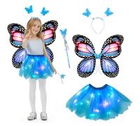 AYBUY Kids Light up Butterfly Wings Costume, Include LED Fairy Wings Tutu Magic Wand & Headband, Costume Butterfly Dress Up for Girls Fancy Dress Christmas Halloween Party Cosplay (Blue)
