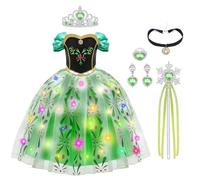 AYBUY Light Up Princess Dress, Anna Green LED Princess Costume with Magic Wand Crown, Girls Luminous Princess Dress, Girls Princess Fancy Dress for Halloween Cosplay Christmas Party