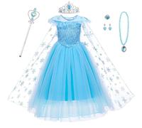 AYBUY Princess Dress Costume, Blue Princess Costume with Cape Train Wand Crown, Girls Fancy Dress for Halloween Christmas Party Cosplay,110