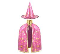 AYBUY Wizard Cape Witch Cloak Kids, Witch Costume Cloak and Hats for Kids, Halloween Costumes Props Costume with Golden Stars Pattern for Children, Girls Halloween Party Cosplay Costumes (Pink)