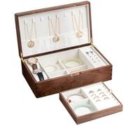 AYCDL 2 Layer Jewelry Box For Women - Rustic Wooden Jewelry Organizer Box For Storage Earrings Rings Necklace Bracelet - Farmhouse Style Wood Jewelry Boxes & Organize,，