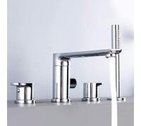 AYCDL Bath Mixer Tap with Handheld Shower Four Holes Bathtub Mixer Tap with Pull Out Handheld Shower Copper Double Handle Bathroom Tub Tap, Chrome,Gold,Chrome