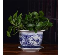 AYCDL Chinese Ceramic Planters, Chinese Style Vintage Ceramic Plant Pots with Drainage Holes and Saucers for Succulent, Flower and Plant, Indoor and Outdoor,Blue-28cmx19cm