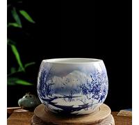 AYCDL Chinoiserie Hand Painted Blue & White Ceramic Edge Potbelly Shape Fish Bowl Planter Jingdezhen Plant Pot with Drainage Hole Flowerpot Indoor Home Decor,Whith Holes