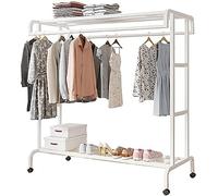 AYCDL Double Rail Metal Coat Rack with Shoe Storage Rolling Stand Open Design for Bedroom & Living Room 4 Wheels Versatile Perchero for Entryway nization,White(wheel)-150x50x150cm