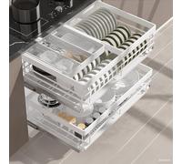 AYCDL Expandable Home nizer, 2-Tier Stainless Steel Pull-Out Drawers with Catch Tray, Adjustable Rails for Easy Access, Fits 50-90cm Cabinets, Space-Saving,490X460X235mm