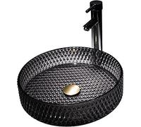 AYCDL Modern Countertop Basin Round, Washbasin Translucent Tempered Glass with Pop Up Sink Waste Bathroom Sink Bowl, for Bath Remodel,Black,with Faucet,Red with Fauce,Black-With faucet