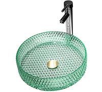 AYCDL Modern Countertop Basin Round, Washbasin Translucent Tempered Glass with Pop Up Sink Waste Bathroom Sink Bowl, for Bath Remodel,Black,with Faucet,Red with Fauce,Green-With faucet