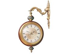 AYCDL Pure Copper -Look Round Wall Hanging Double Sided Two Faces Retro Station Clock Round Chandelier Wall Hanging Clock with Scroll Wall Side Mount