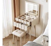 AYCDL Vanity Desk, Modern Vanity with LED Lighted Mirror and Glass Storage Flip Top Makeup Table for Bedroom Comfortable Stool Silent Glide Tracks Black & White Optio,White-B_15.7IN