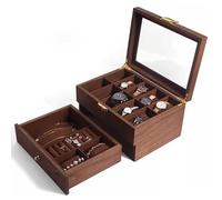 AYCDL Watch Box 2-Tier Watch Display Case Solid Wood Watch Box Organizer With Large Glass Lid, Removable Watch Pillows, Velvet Lining, Jewelry Box, Rustic Walnut,20-S,20-slot ,10