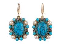 AYCJOY Jewelry Handmade Vintage Bohemian Turquoise and Pearl Drop Earrings for Women - Multigemstone Statement Earrings with Blue Pave Halo and Gold-Tone Fishhook Backs - 2" Drop