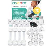 AYCORN® 30-Piece Baby Proofing Safety Kit - Cupboard Locks for Children, Corner Protectors, Plug Socket Covers UK, Safety Straps, Oven Lock, Door Stopper & Keys