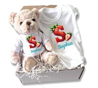 Aye Do Gifts Personalised Strawberry Initial & Name Baby Gift Hamper - Teddy & Vest in White | Size: Newborn Aye Do Gifts White Newborn
