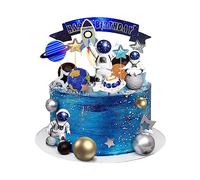 Ayearparty 32 Pcs Space Cake Toppers Outer Space Cake Decorations Astronaut Figurines Planet Rocket Stars and Satellite Pearl Balls DIY Cake Toppers for Boys Birthday Baby Shower Themed Party Supplies