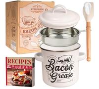 Ayerphalo Bacon Grease Container with Strainer - 46OZ Large Capacity, With Silicone Wooden Spatula, Enamel Bacon Grease Keeper for Bacon Drippings, Farmhouse Kitchen Decor, Dishwasher Safe