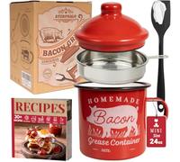 Ayerphalo Bacon Grease Container with Strainer - With Food-Grade Silicone Spatula, 24oz Enamel Rustic Farmhouse Fat Container, Keeper, Recipes, Dishwasher Safe