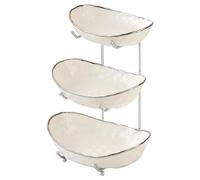 AYES Fruit Bowl 3-Tier Large Ceramic Fruit Basket with Metal Stand Silver