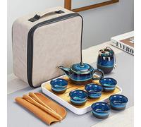 AYES Portable Tea Sets with 1 Teapot Set, 6 Tea Cups, Travel Bag, 1 Tea Tray, 1 Tea Canister - Asian Chinese Japanese Porcelain Vintage Tea Service for Women Mens Tea Lover Enjoy Life Gifts Blue