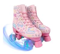 AYES Roller Skates for Girls, Flashing Light Up Wheels Quad Wheel Roller Boots, PU Leather 4 Wheel Skates Shoes for Kids and Beginners Outdoor Indoor (Pink, UK 4)
