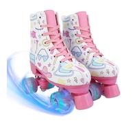 AYES Roller Skates for Girls, Flashing Light Up Wheels Quad Wheel Roller Boots, PU Leather 4 Wheel Skates Shoes for Kids and Beginners Outdoor Indoor (White, UK 1-3)
