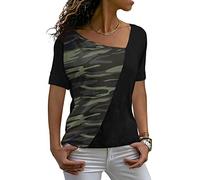 AYIFU Womens 2023 Summer Tops Short Sleeve Shirts Asymmetric Neck Casual Tunic Color Block Blouses, 2-little Camo Green, Medium