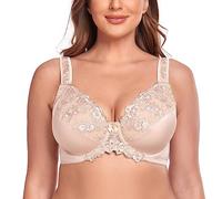 Ayigedu Women's Full Coverage Minimiser Bra Floral Lace Non Padded Plus Size Underwired Bra 42GG Beige