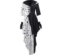 AYJK7 Halloween Costume Cruela Devile Dress Cloak Skirt with Gloves Black and White for Women Movie TV Character Cosplay