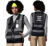 AYKRM personalised Big and Tall Black Women Hi Vis Vests 4XL Black High Visibility Reflective Safety Security Vest with Pockets zipper