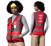 AYKRM personalised Red Small Women Hi Vis Vests SMLLA Red High Visibility Reflective Safety Security Vest with Pockets zipper