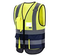 AYKRM Summer high viz Class 2 hi vis Zipper Front High Visibility vest Breathable Hi Vis Executive Vest Waistcoat with Phone & ID Pockets, Yellow Navy Mesh, XS