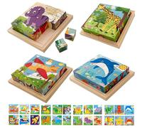 Aykzaqe Cube Puzzle with Storage Tray, Puzzles for Toddlers, Montessori Educational Toy, 4 Packs (6 Puzzles in a Pack), Transport, Animals