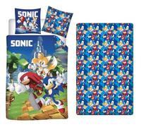 Aymax Sonic 3-Piece Kids Single Bed Bedding Set - Duvet Cover 140 x 200 cm + Pillowcase 63 x 63 cm + Matching Fitted Sheet 90 x 190 cm with Sonic, Knuckles and Tails