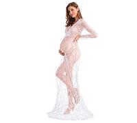 AYMENII Boudoir Maternity Long Sleeve Lace Dress Milk Bath Photoshoot Gown Sexy Women Deep V-Neck Lingerie Robe Nightgowns White M