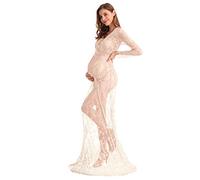 AYMENII Boudoir Maternity Long Sleeve Lace Dress Milk Bath Photoshoot Gown Sexy Women Deep V-Neck Lingerie Robe Nightgowns Beige M