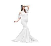 AYMENII Maternity Dresses for Photo Shoot Women Mermaid Chiffon Gown Cold Shoulder Ruffle Sleeves Wedding Baby Shower Dress White M