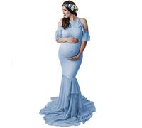 AYMENII Maternity Dresses for Photo Shoot Women Mermaid Chiffon Gown Cold Shoulder Ruffle Sleeves Wedding Baby Shower Dress Blue XL
