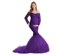 AYMENII Maternity Mermaid Tulle Dress Off-Shoulder Sweetheart Long Sleeve Lace Baby Shower Photo Shoot Maxi Gown w/Train Deep Purple L