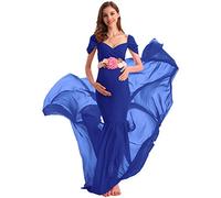 AYMENII Maternity Off Shoulder Chiffon Gown w/Long Train Maxi Photography Dress with Sash Belt Wedding Party Photo Props Baby Shower Dress Royal Blue