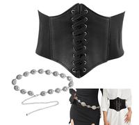 AYNKH 1 Chain Belt + 1 Corset Belt,Silver Metal,Black Vintage Elasticated Tie,Wide Tie Belt,Bohemian Chains Belts,Adjustable Metal Chains Belts,Dress Jeans,Halloween Theme Party,Gift