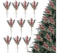 AYNKH 10Pcs 7.87Inch Red Christmas Berry Stems Decorations Artificial White Sprays Berries Pine Picks with Holly Leaves for Christmas Tree Wreath Home Craft Ornaments