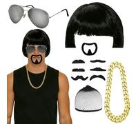 AYNKH 11 Pcs Ibiza Final Boss Costume Accessory Set, Funny Bowl Cut Wig, Hair net,Mushroom Wig, Fake Goatee Beard, Gold Thick Chain, Silver Glasses, for Movie Role Play, Cosplay Carnival, 60s 70s 80s