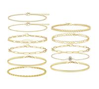 AYNKH 11 PCS Women's Stainless Steel Chain Bracelet Set, 14K Gold Plated Stacking Bracelets,Rope,Cuban, Figaro,Herringbone,Beaded Chain Bracelets,Adjustable Rhinestone Links for Women Girls