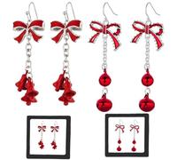 AYNKH 2 Pairs Lightweight Christmas Red Bow Knot Piercing Earrings, Jingle Tassels Earrings with Butterfly Bows, Festive Party Jewelry for Women&Girls (with 2 storage boxes)