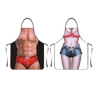 AYNKH 2 Pcs Novelty Cooking Aprons for Couples, Pattern of Seaside Muscular Muscular Man and Sexy Girl, Adjustable Waterproof Kitchen Apron, for Married Couple Lovers, for Christmas BBQ Party